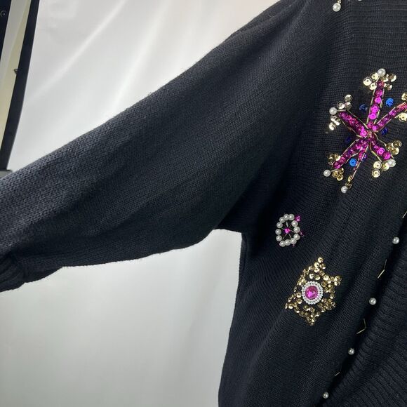 Vintage P’Galli Designs Black Embellished Cardigan Sweater Size Medium 80s 90s - Picture 6 of 9